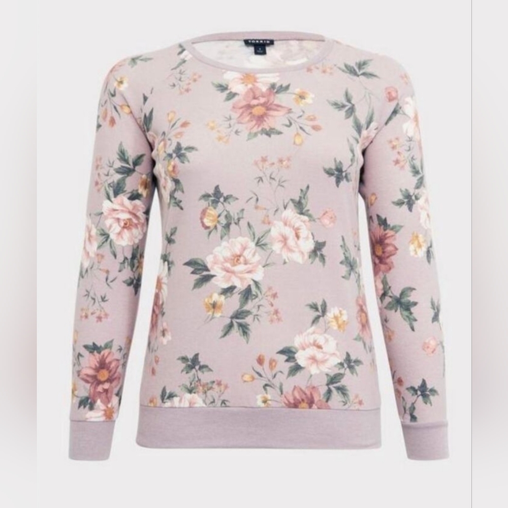 TORRID Super Soft Plush Crew Neck Ragalan Sweatshirt Size 2 Lilac Floral